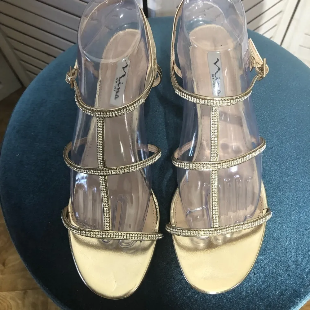 Nina NY Golden Strappy Rhinestone Wedge Sandals Size 9 - Image 4