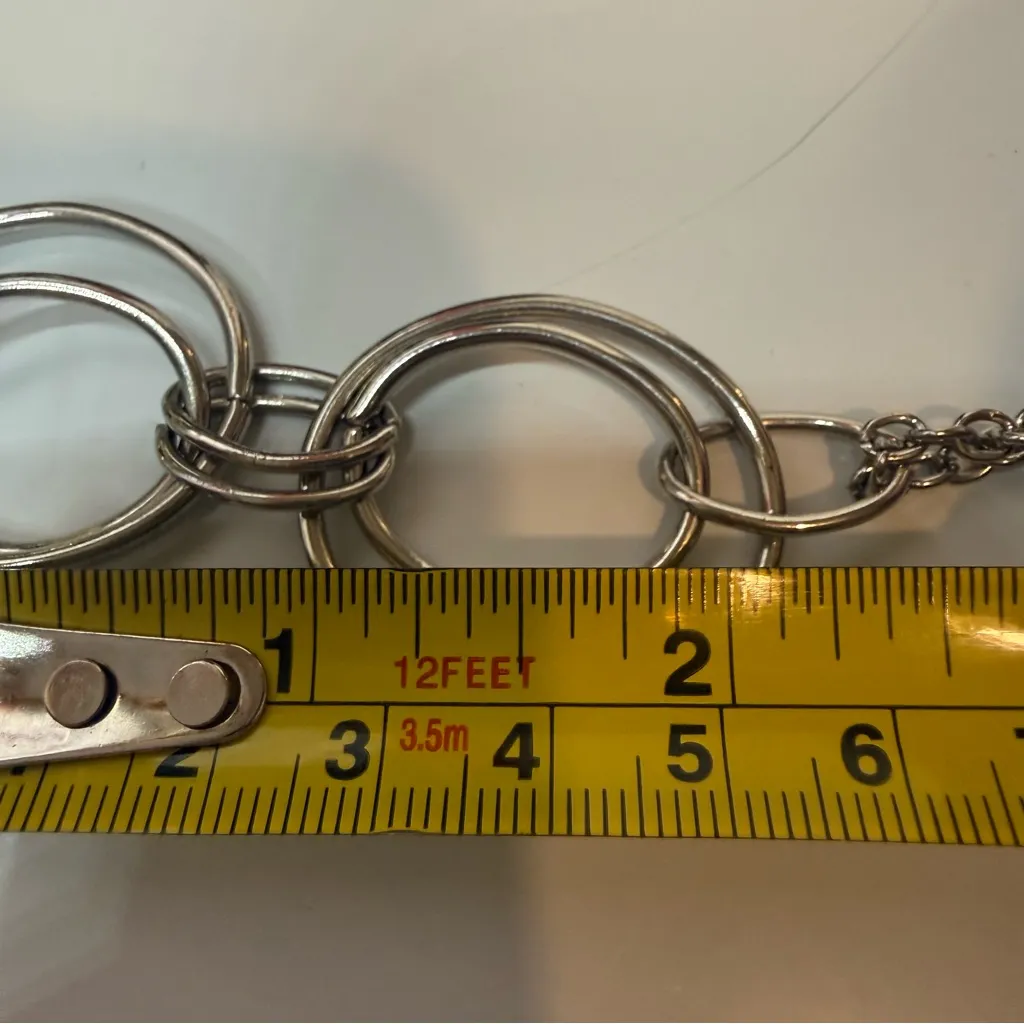 Vintage Silvertone Statement Necklace, layered geometric circles on double chain Silver - Image 4