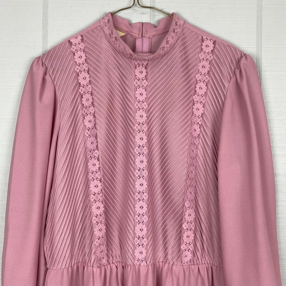 Vintage Sears Mauve Pink High Neck Lace Midi Long Sleeve Dress With Belt 14P - Image 4