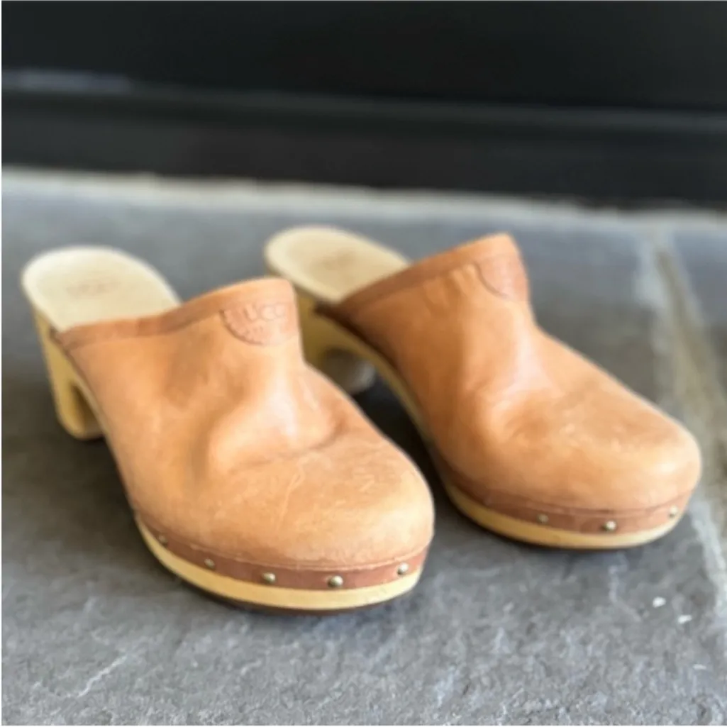 UGG Brown Leather Mules with Wooden Sole - Image 2