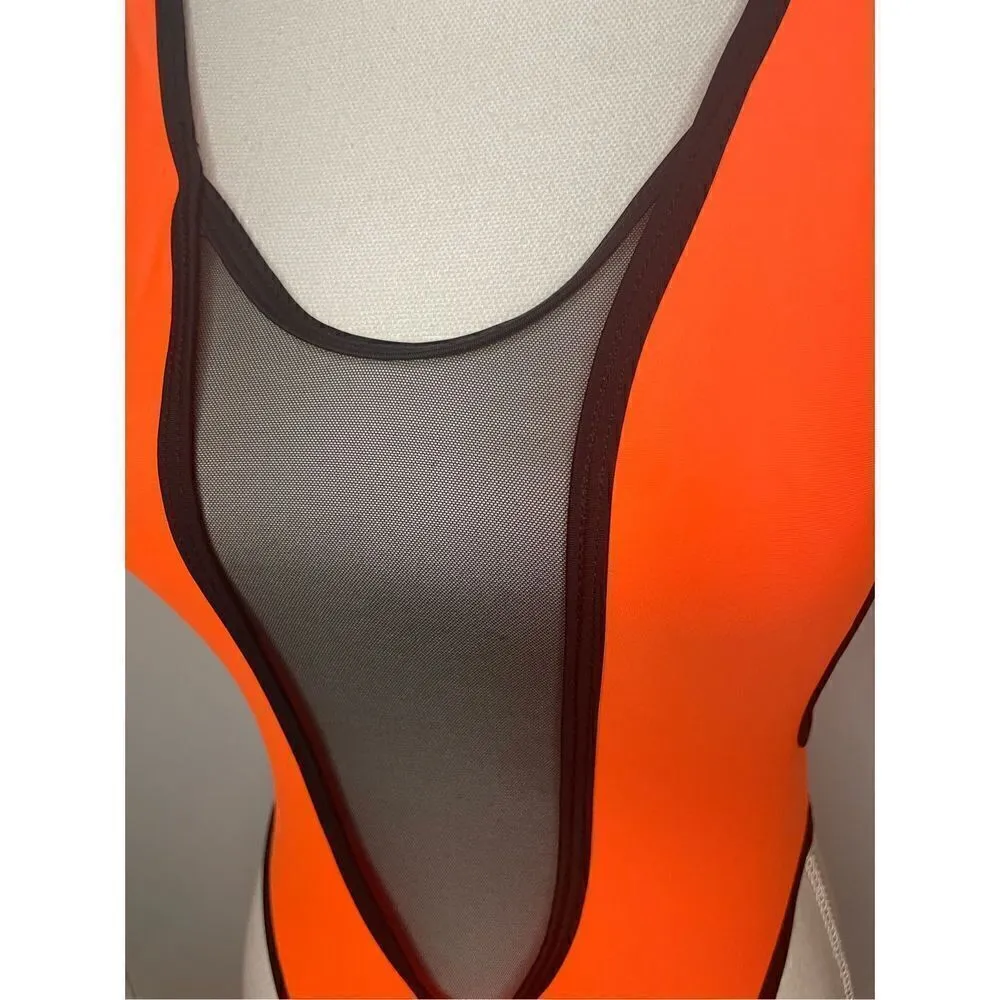 NWT One Piece Plunge Neck Swimsuit Size S Orange Mesh Pool Vacation Beach Sexy Orange - Image 10