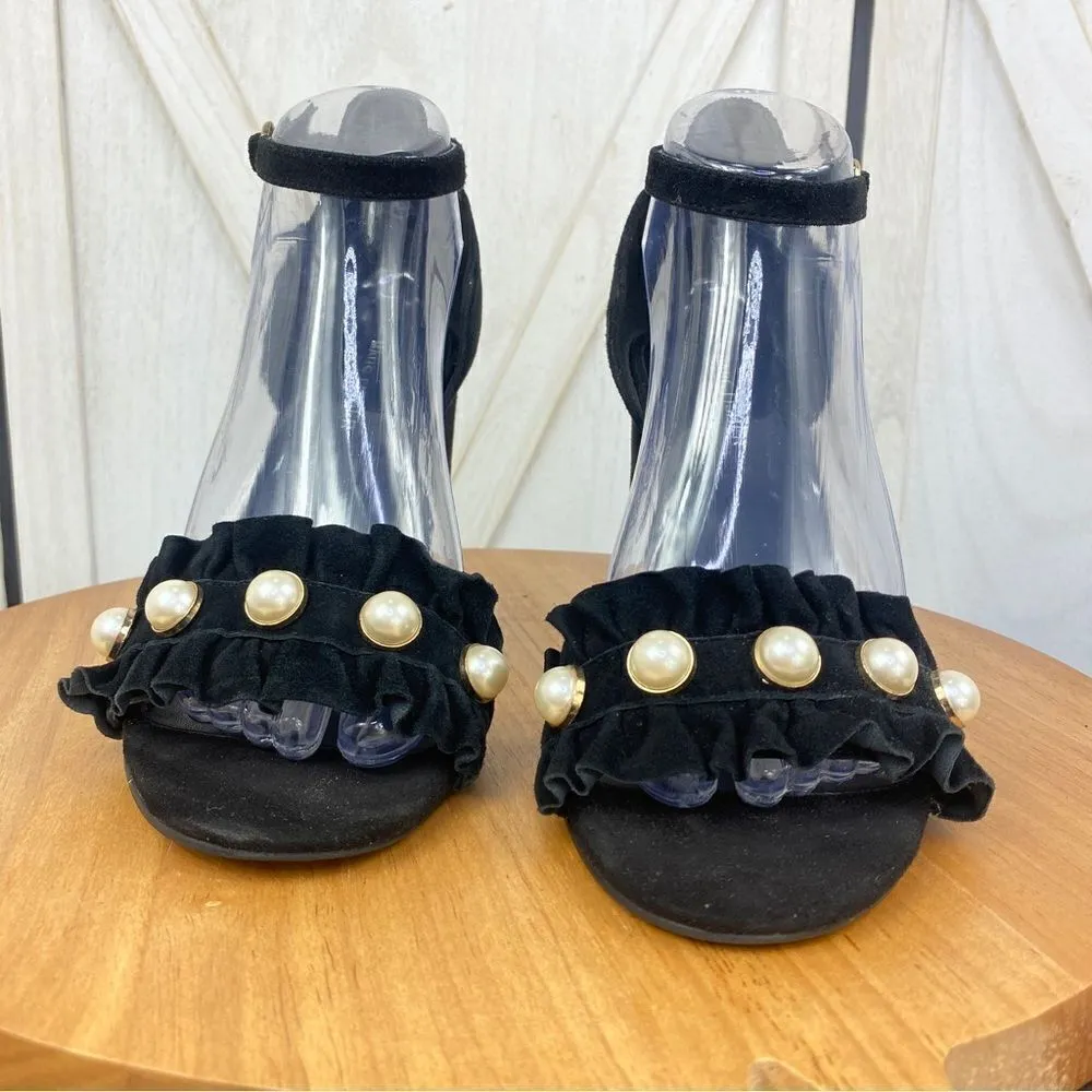 Marc Fisher King Pearl Ruffle‎ Block Heel Suede Sandal Black 8.5 - Image 5