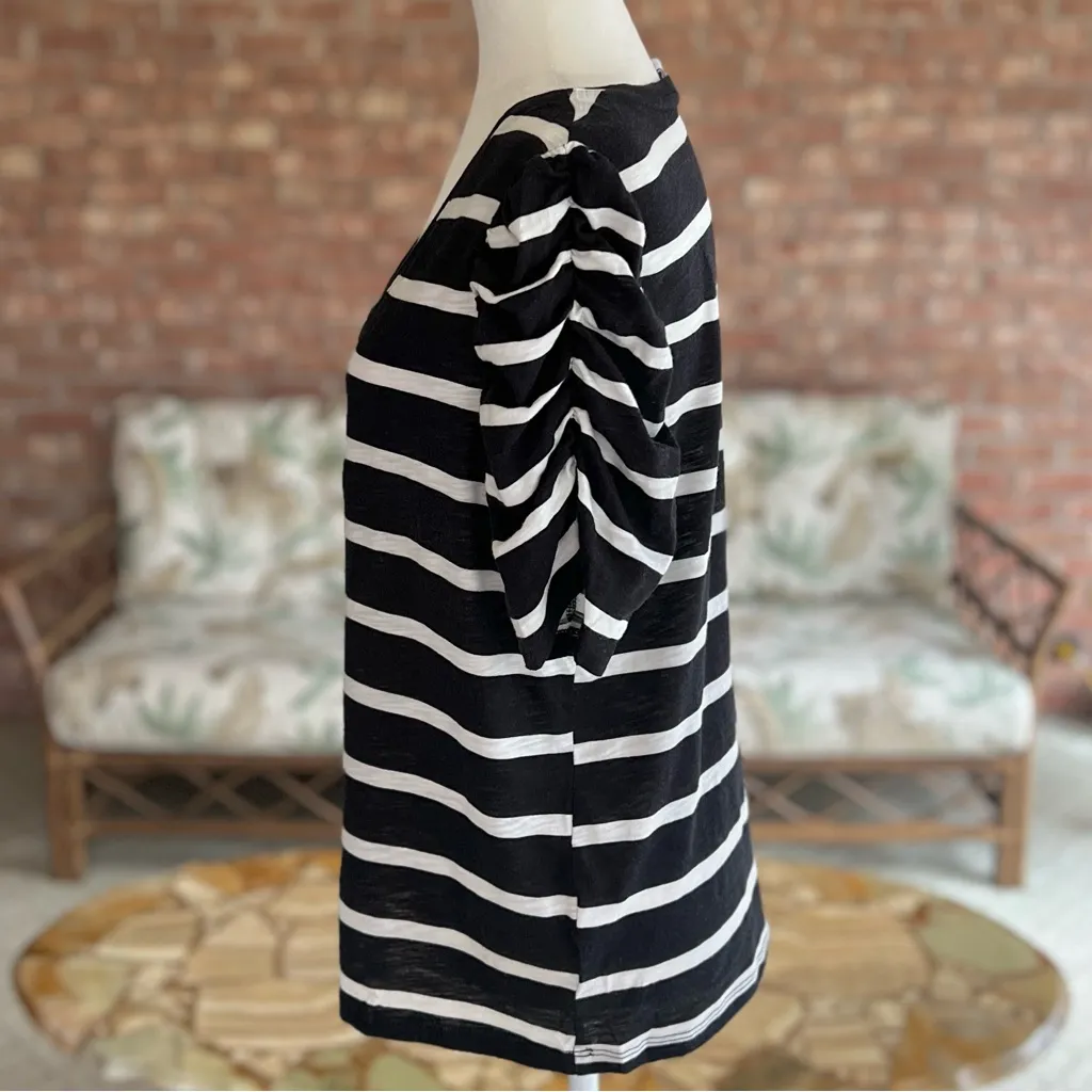 Nine West Top Ruched Puff Sleeve Black White Striped V-Neck L - Image 8