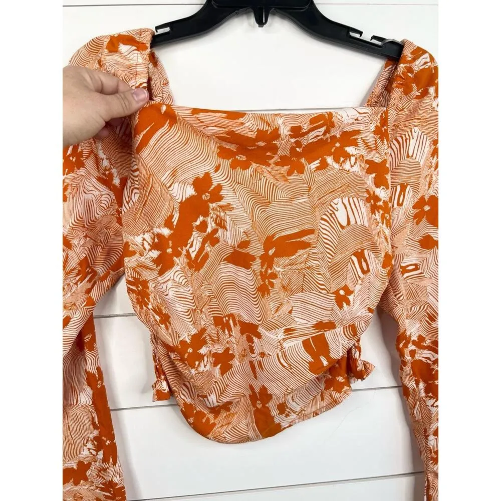 Open Edit Orange White Cowl Neck Long Sleeve Top XXS Smocked Back - Image 8