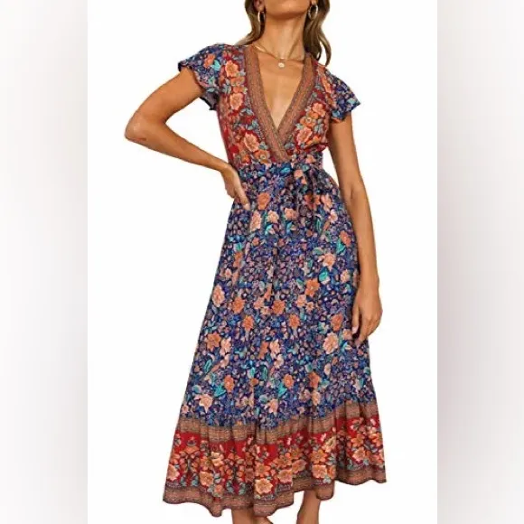 Saints + Secrets Boho Floral V Neck Wrap Midi Dress - Image 2