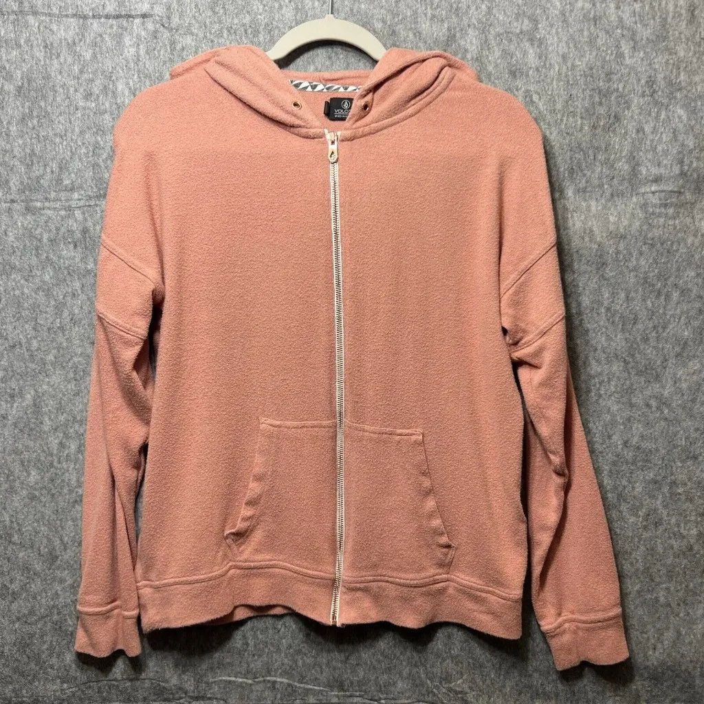 Volcom Zip Up Hoodie Women Small Pink‎ Lived In Lounge Fleece Sweatshirt - Image 9