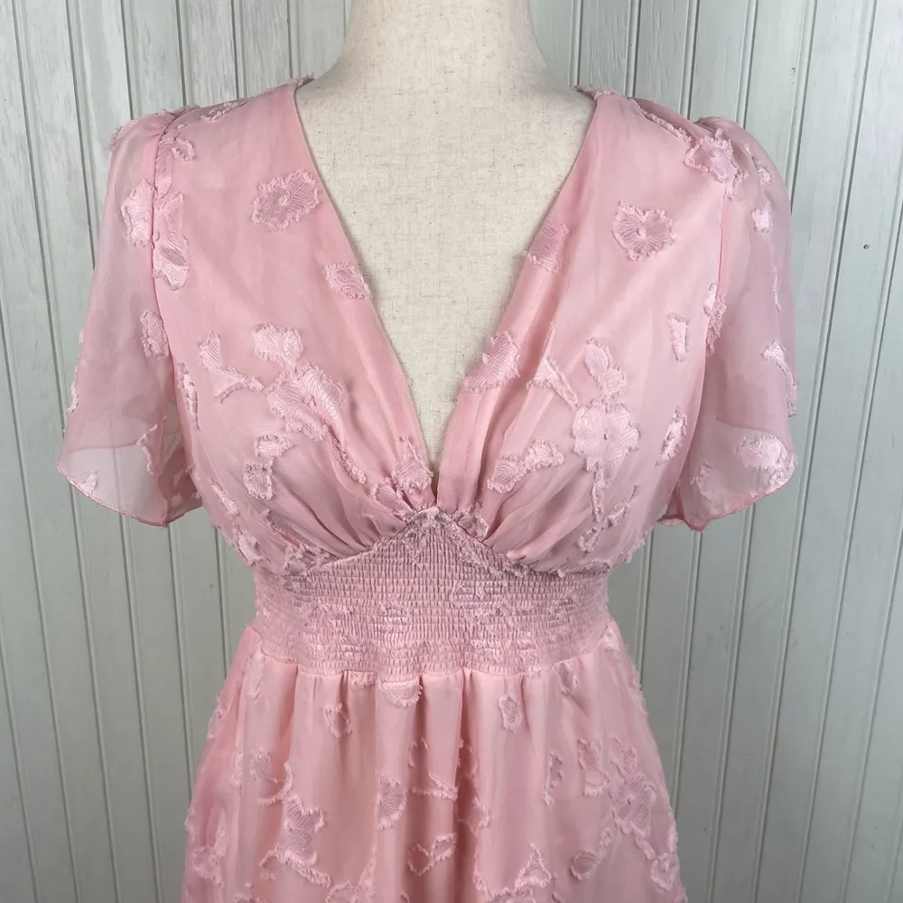 Baltic Born June Smocked Midi Dress Womens Size Medium Light Pink Chiffon Floral - Image 3
