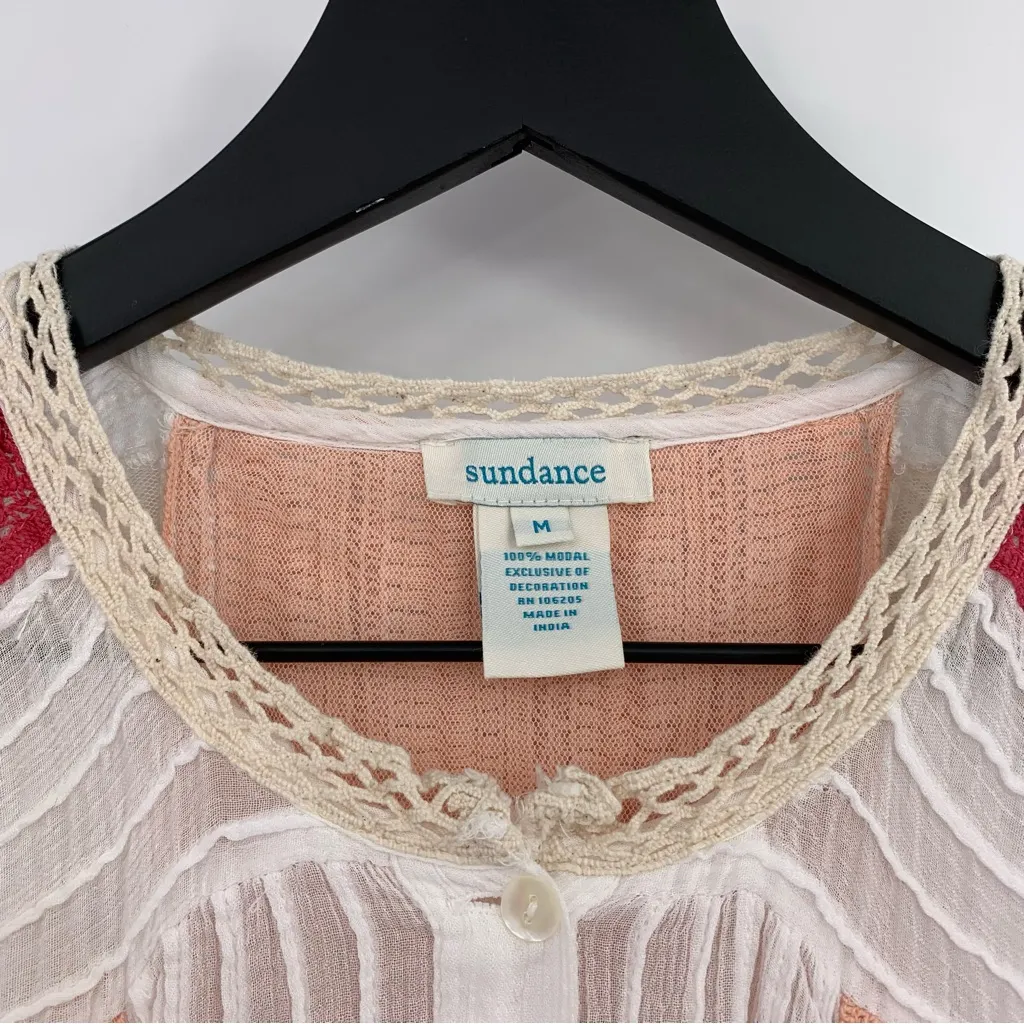 SUNDANCE Long Sleeve Peasant Blouse White Peach Red M Size M - Image 5