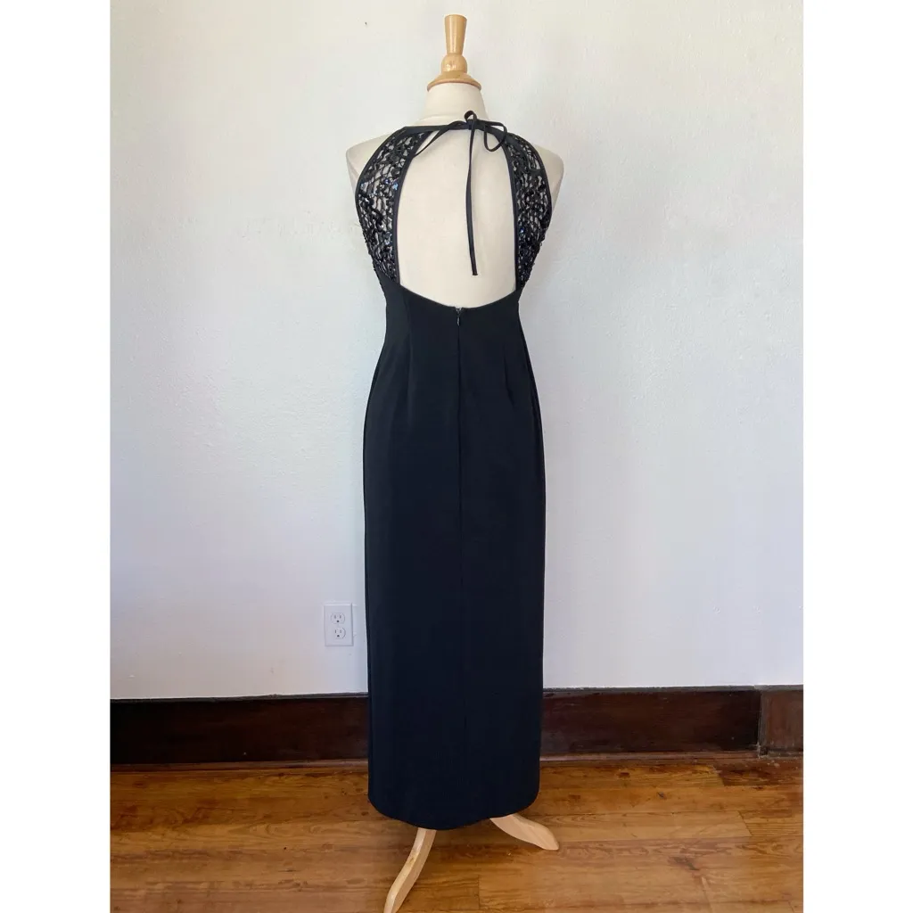 Vintage 90s Solid Black Full Length Sequin Prom Dress - Image 3