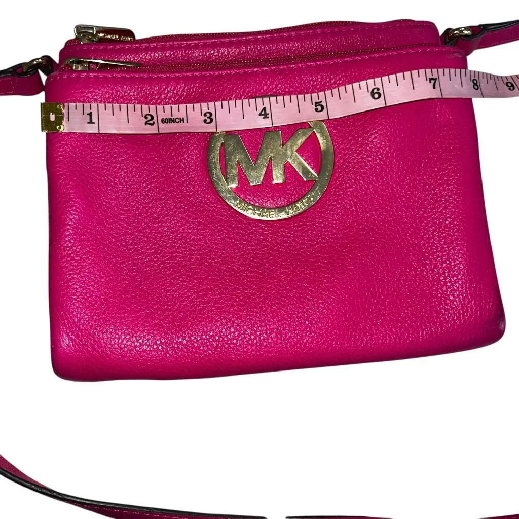 Michael Kors Jet Set Pink Leather Crossbody Bag Gold Logo Small Wallet Purse - Image 12
