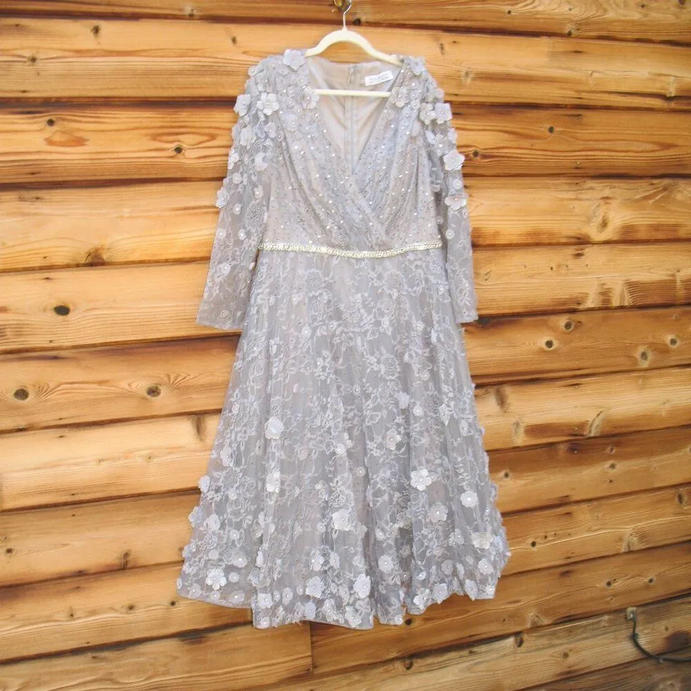 MAC DUGGAL 67387 Gray Floral Embellished Lace A-Line Cocktail Dress - Image 9