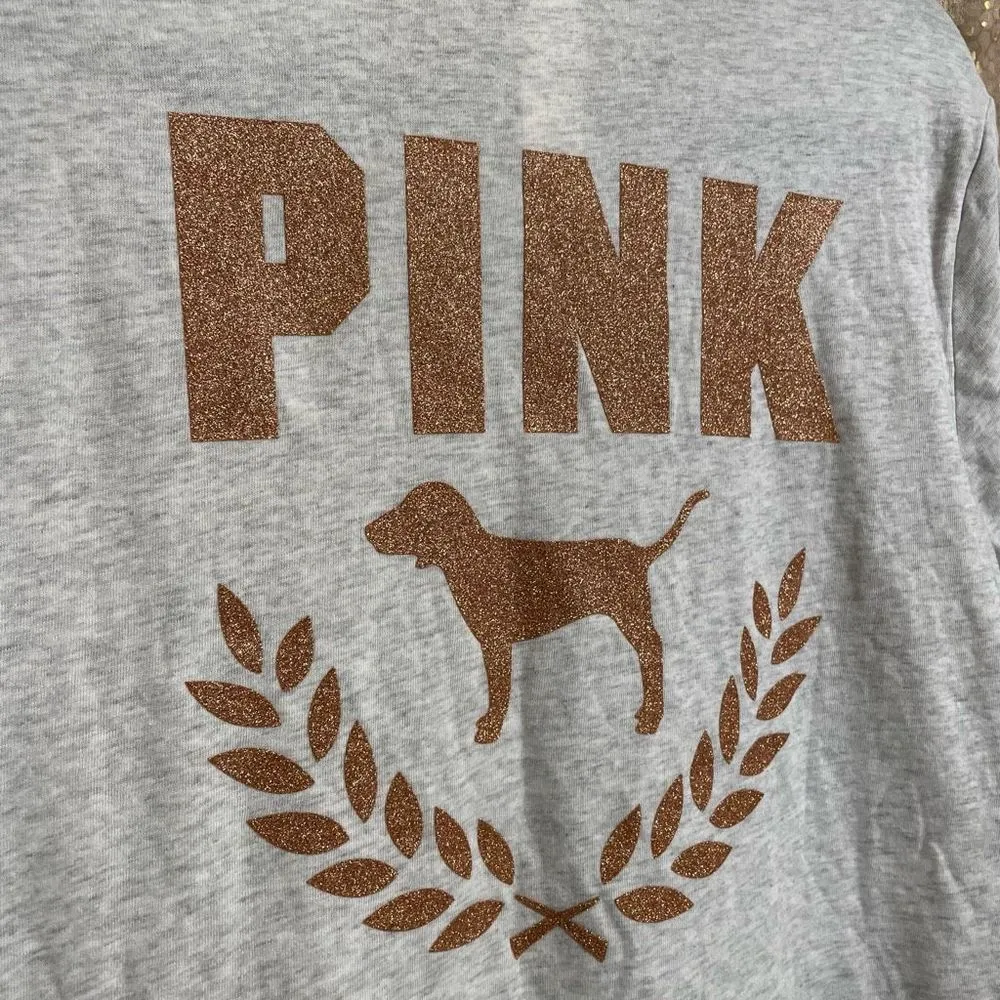 PINK Victorias Secret Rosegold Gray Glitter Logo T-Shirt, M NWT - Image 3