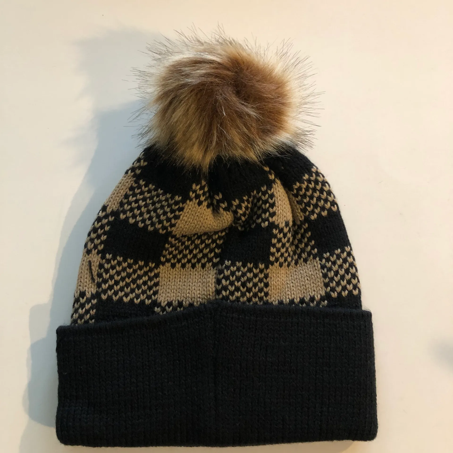 Hat With Faux Fur Pom Pom Tan - Image 4