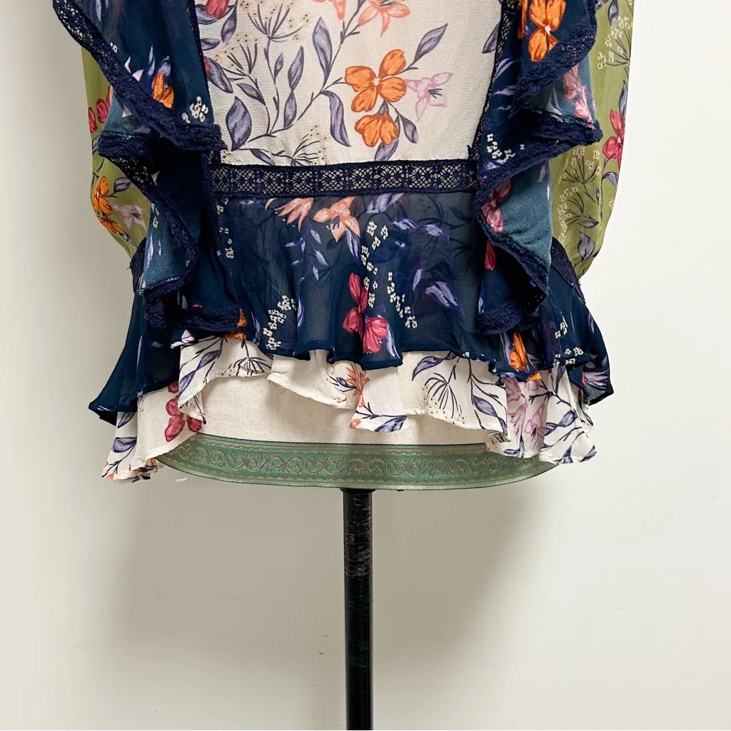 Love Sam Sheer Chiffon Floral V Neck Sleeveless Amaryllis Ruffle Hi Lo Blouse XS - Image 5