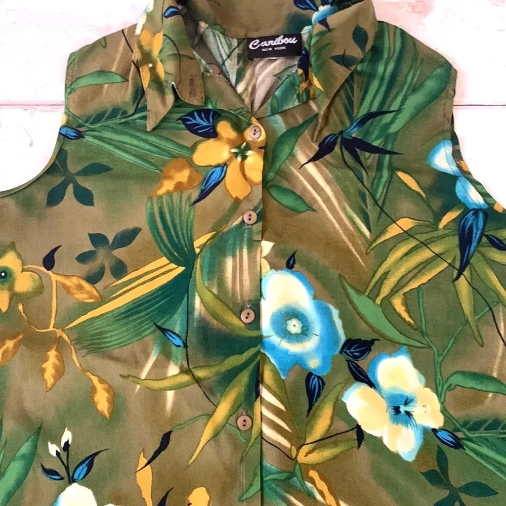 Women’s L/G Green Floral Plants Print Button Up Sleeveless Shirt Size Large - Image 2