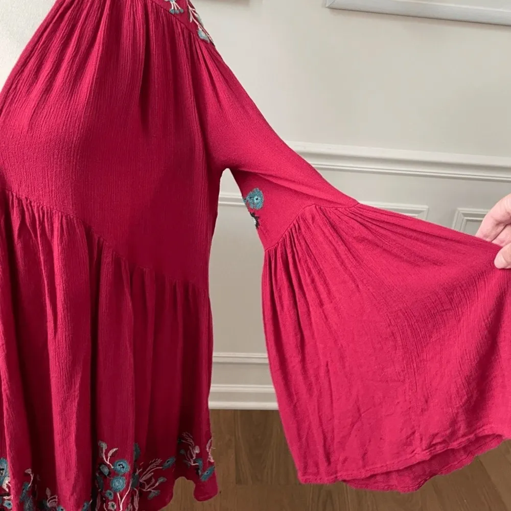 Free People Te Amo Red Embroidered Babydoll Mini Dress Sz Large - Image 3