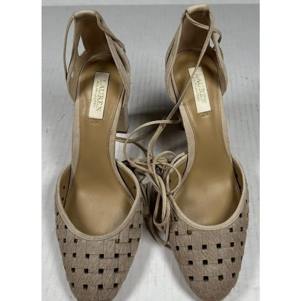 Lauren Ralph Lauren Verna Ankle Wrap D'Orsay Pumps Beige Calf Hair Leather Sz10B - Image 2