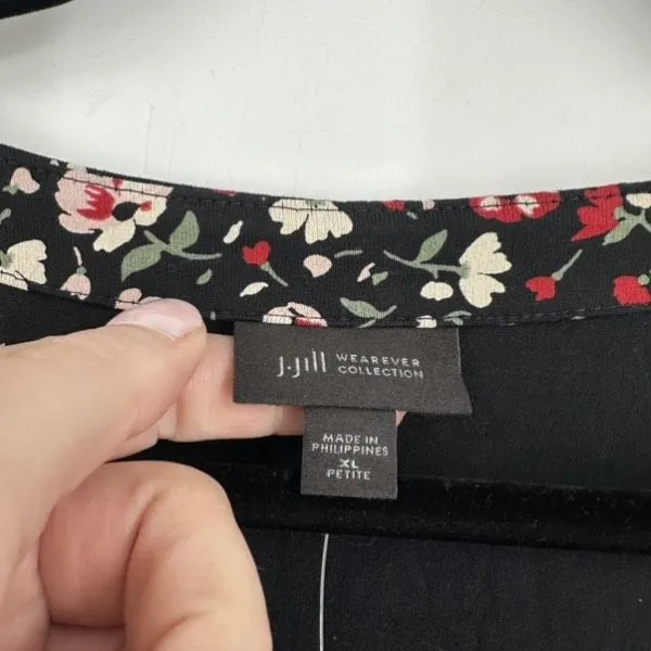 NWT J. Jill Women's Wherever Floral Crew Neck 3/4 Sleeve Blouse Black‎ XL Petite Black - Image 4