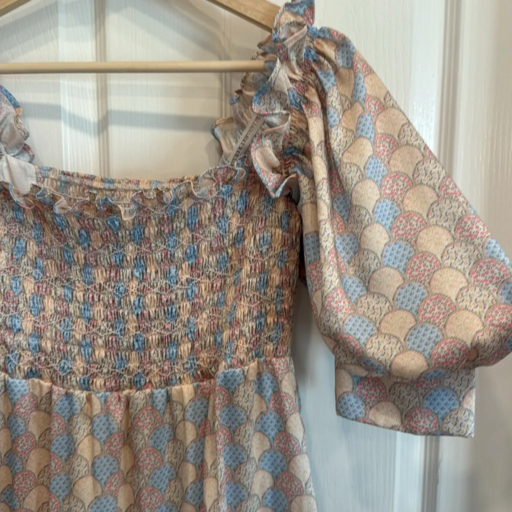 Dondolo smocked prairie inspired tiered lace detail midi dress Blue Size M - Image 4