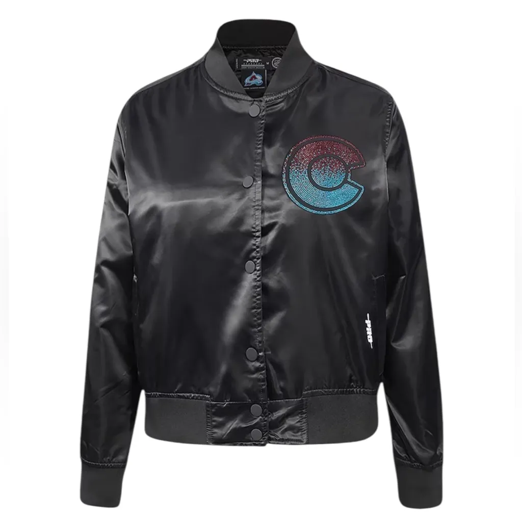 NWT Pro Standard Women's Colorado Avalanche Rhinestone Jewels Satin Jacket Sz M Black Size M - Image 4