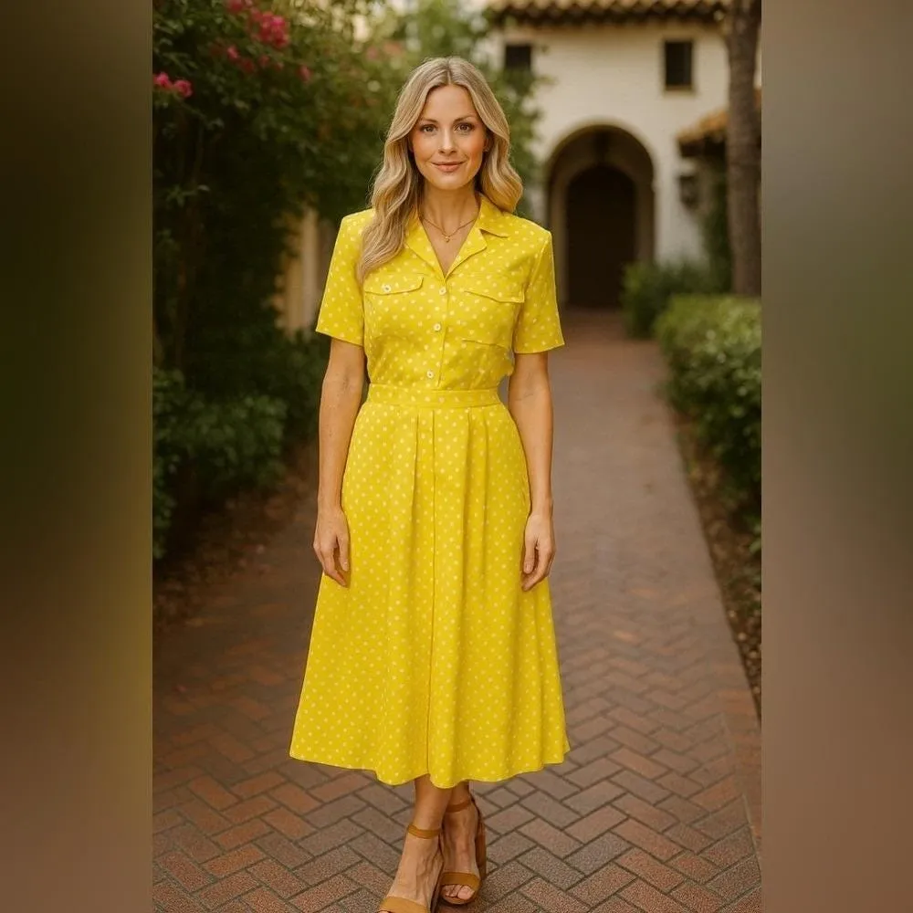 Vintage Carroll Reed Yellow Polka Dot Midi Skirt Set Retro Cottagecore Pinup 16 - Image 2