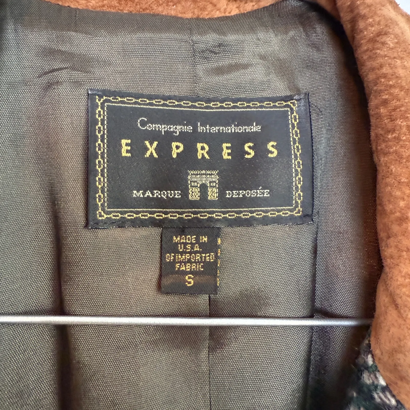 Vintage Express Houndstooth Blazer Jacket S Tan Brown Green Suede Collar Pockets - Image 4