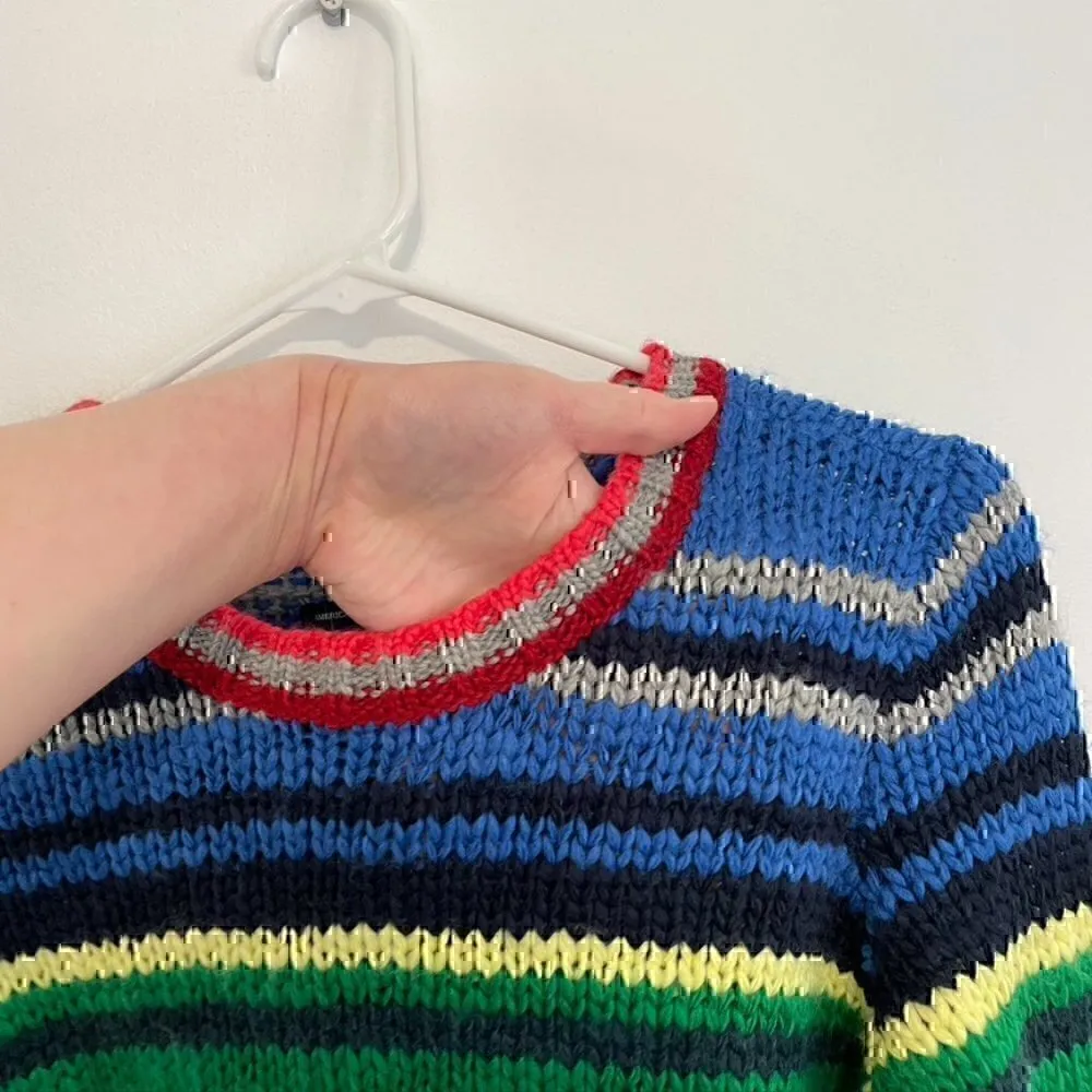 AMERICAN EAGLE Rainbow Navy Cream Striped Chunky Knit WOOL Etc Crew Neck Sweater - Image 7