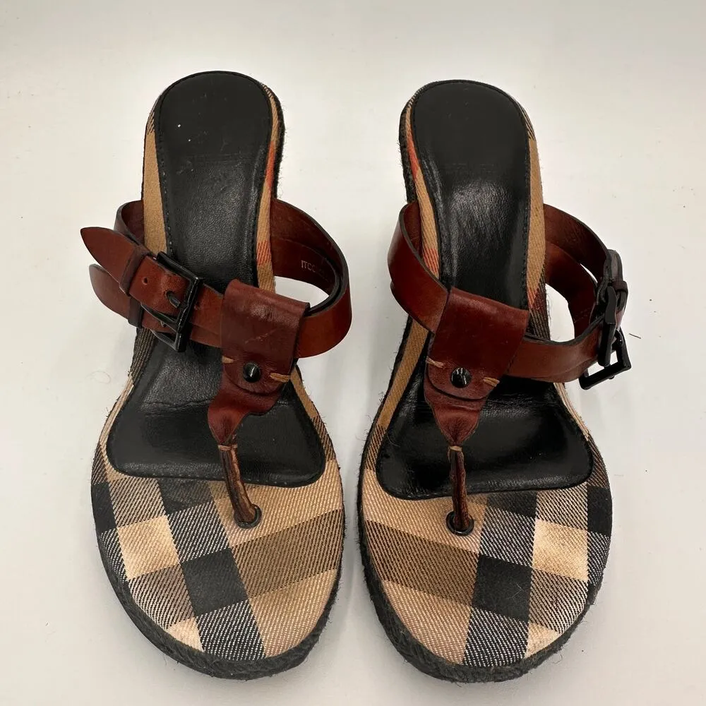 Burberry Leather Brown Wedge Espadrille Thong Heels Sandals Size 39 / 9 - Image 2