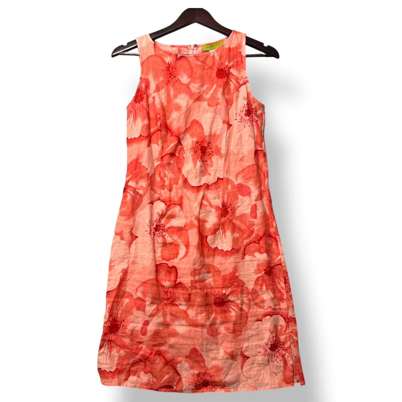 Possibility Women Orange 100% Linen Floral Shift Dress S Coastal Cottagecore - Image 2