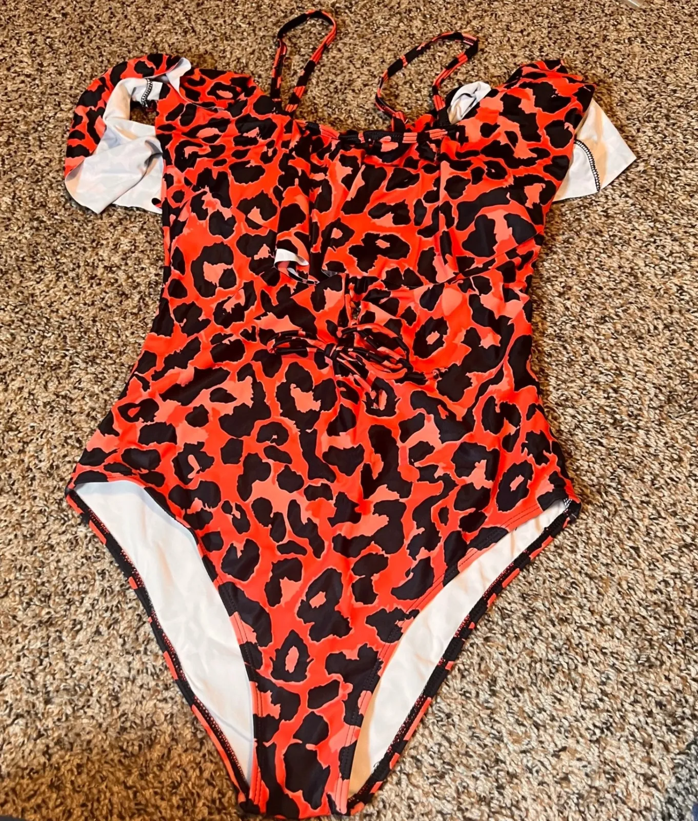 Tempt Me Leopard Print Ruffle One Piece Swimsuit - Red Black - Size L - Image 1