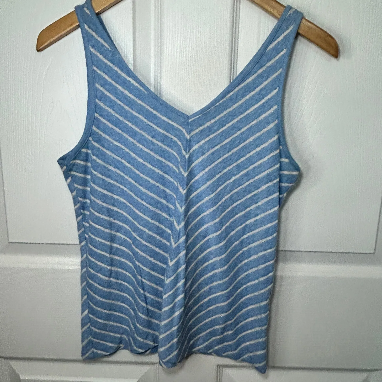 LOFT Women's XS Tank Top Blue White Striped Sleeveless Linen Blend Casual V Neck - Image 3