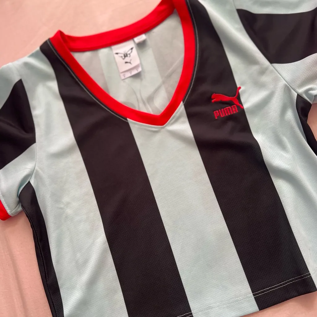 Puma X Dua Lipa Black and Blue Striped Crop Top with Red Accents Jersey - Image 3