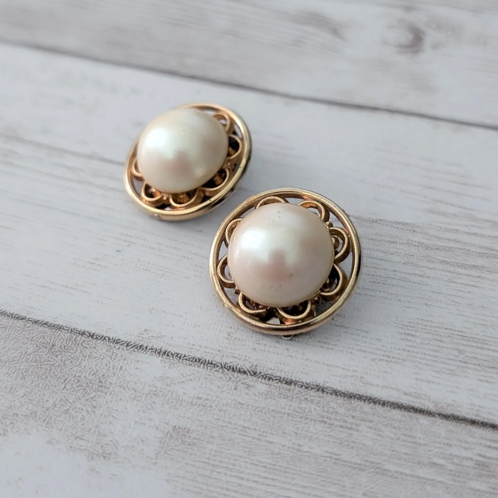 Vintage Clip On Earrings Domed Faux Pearl with Fancy Gold Tone Halo - Image 3