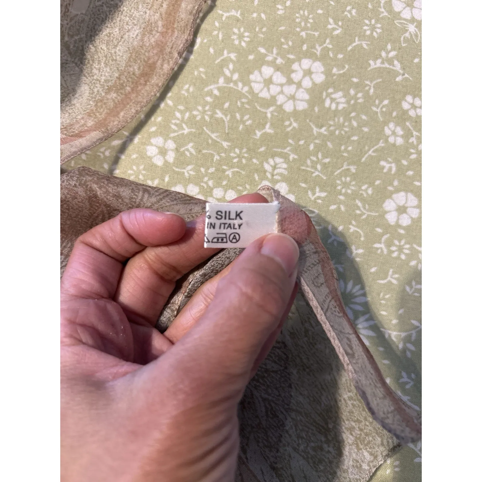 Romantic Floral Italian Silk Scarf Brown Beige Sheer 100% Silk 58x16 - Image 5
