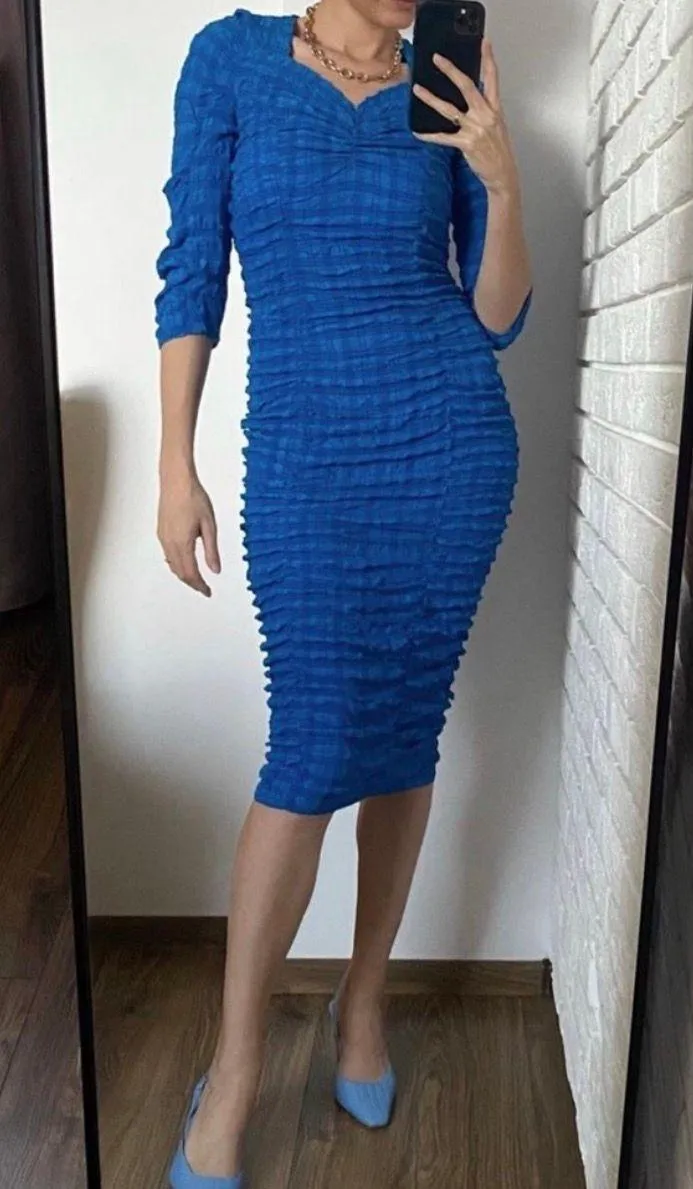 Blue Textured Midi Ruched Dress - Image 8