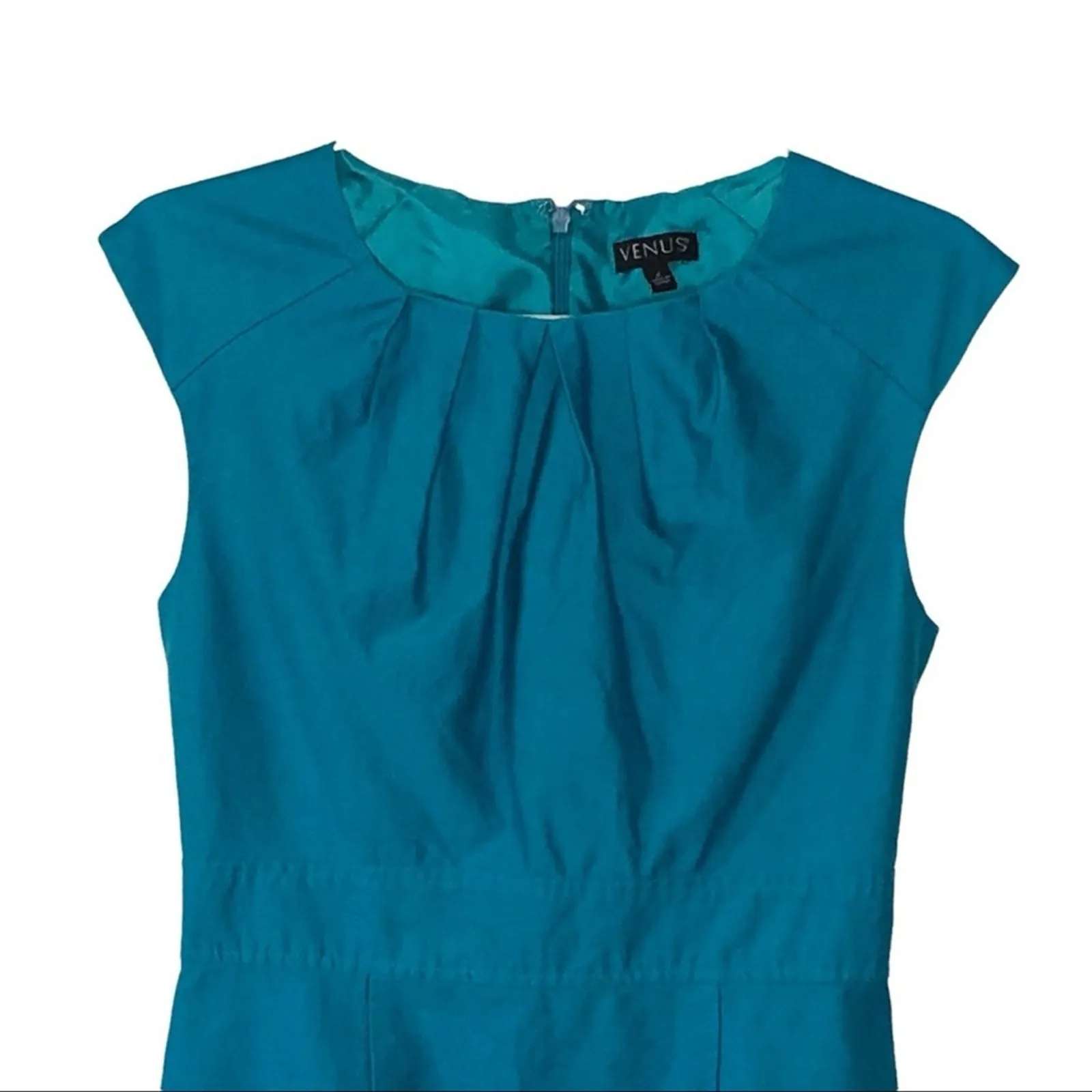 Venus Scallop Neck Sheath Midi Dress Teal Paisley Cap Sleeve Size 4 Professional - Image 4