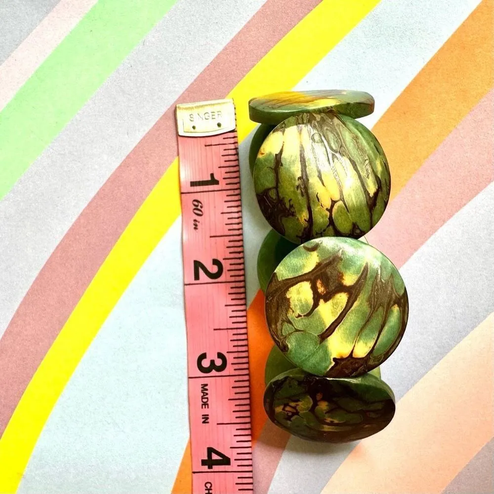 Handmade olive green Tagua nut disc elasticated bracelet - Image 5