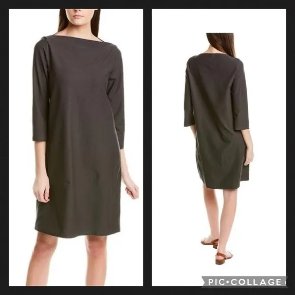 Eileen Fisher Green Bateau Neckline Long Sleeve Stretchy Jersey Shift Dress XS - Image 2