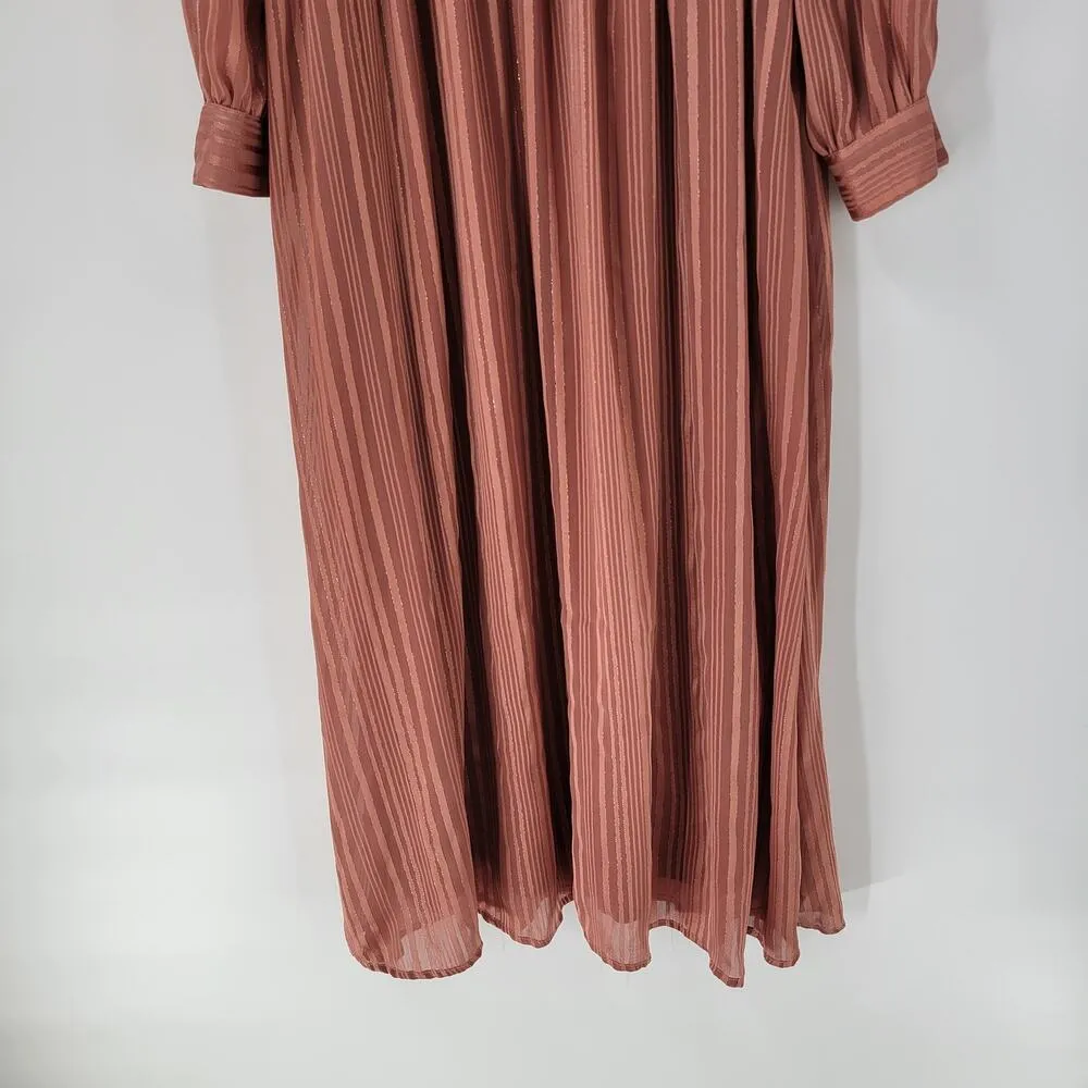 Shein Maxi Dress M Pink Sparkle Stripes Tie Neck Long Puff Sleeve Shirred Waist - Image 10