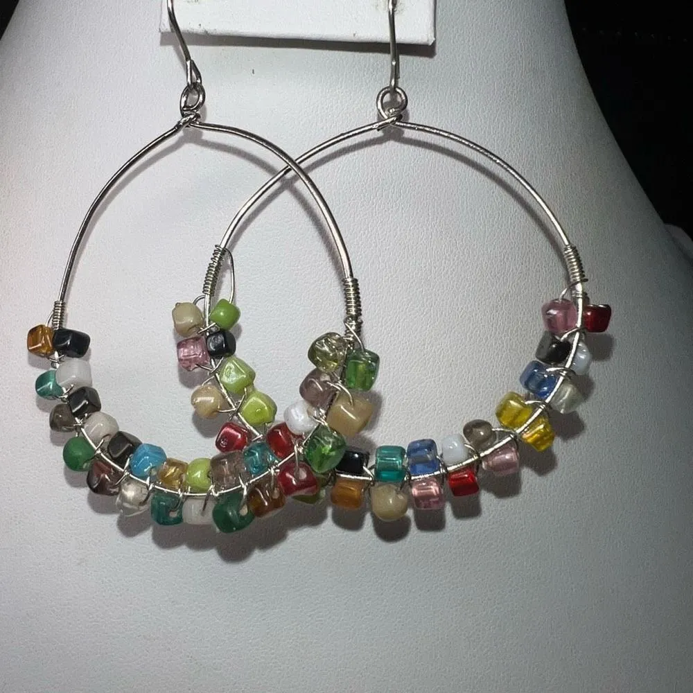 Boho Silver Tone Gemstone Chakra Dangle Hoop Earrings - Image 4