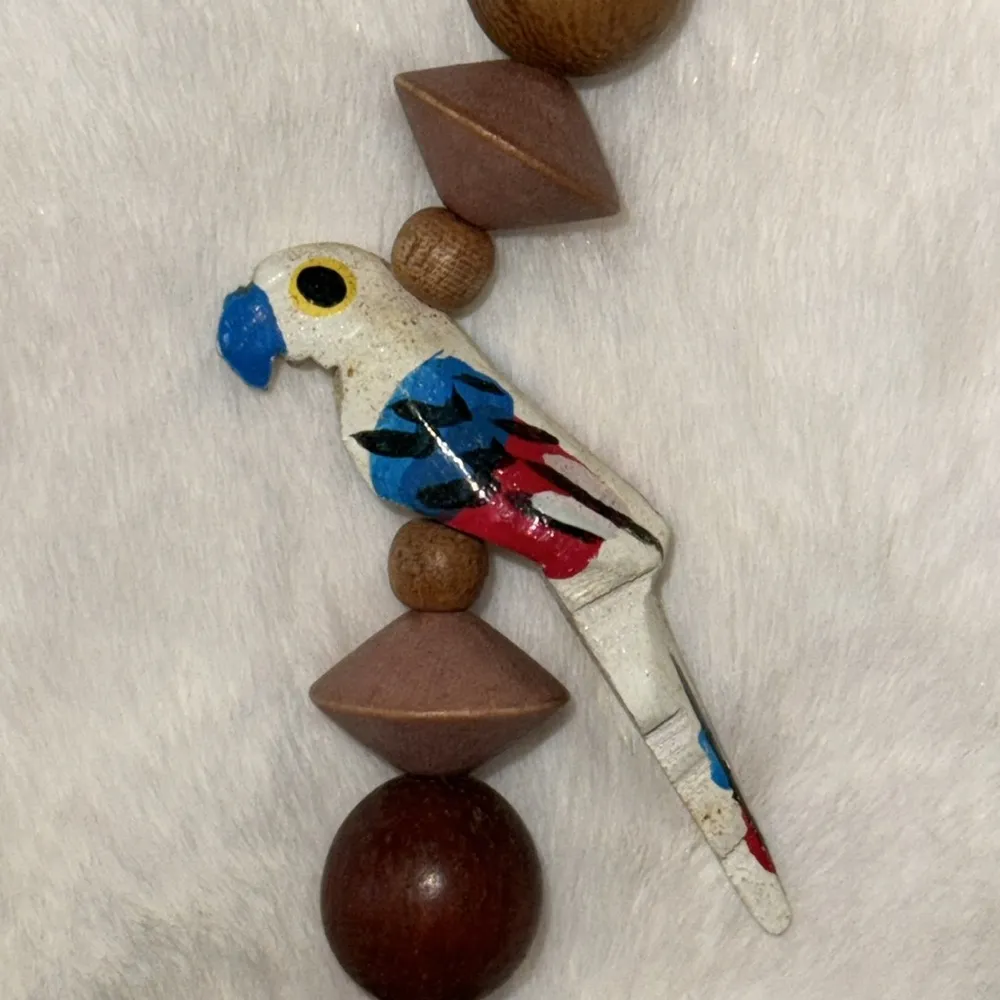 Vintage Carved Wood Parrot Birds Beaded Chunky Statement Necklace Brown - Image 8