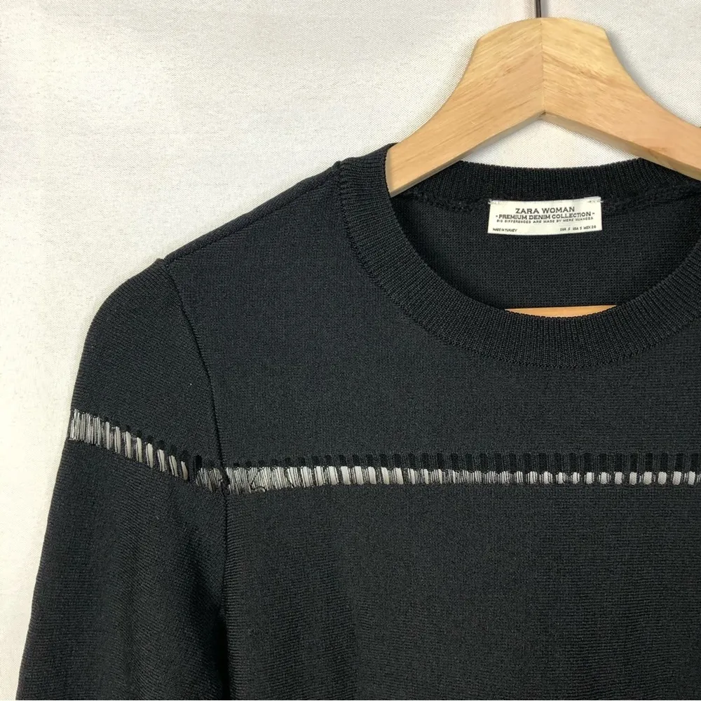 Zara Black Mesh Stripe Knit Crewneck Sweater S - Image 3