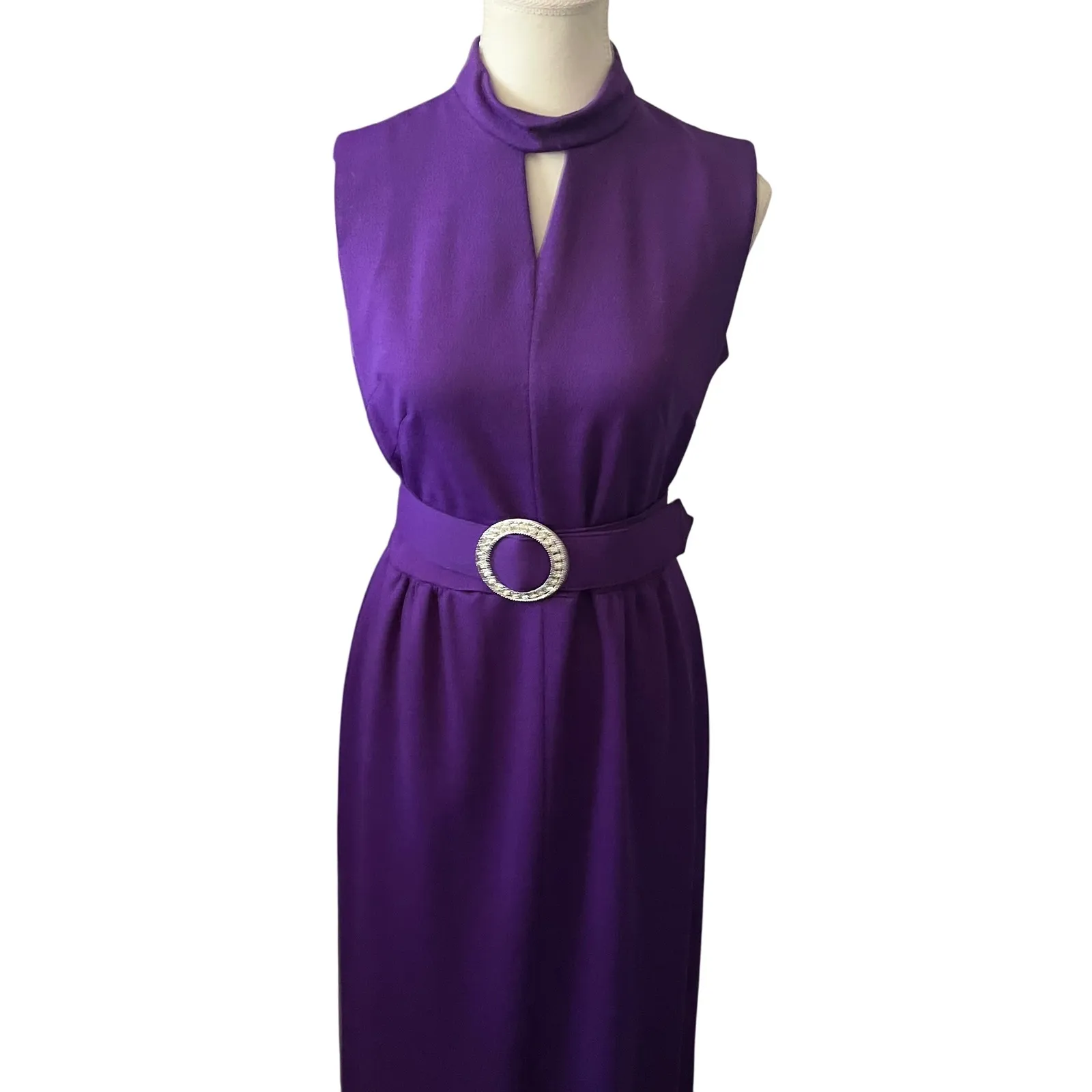 Vintage 70s Maxi Dress Purple Sleeveless Mock‎ Neck Hostess Dress Bejeweled Belt Size 12 - Image 4
