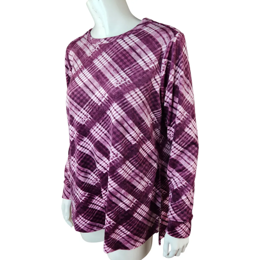 Denim & Co. Printed Velour Pullover Hi-Low Hem Deep Wine Plaid Petite Small NWOT - Image 4