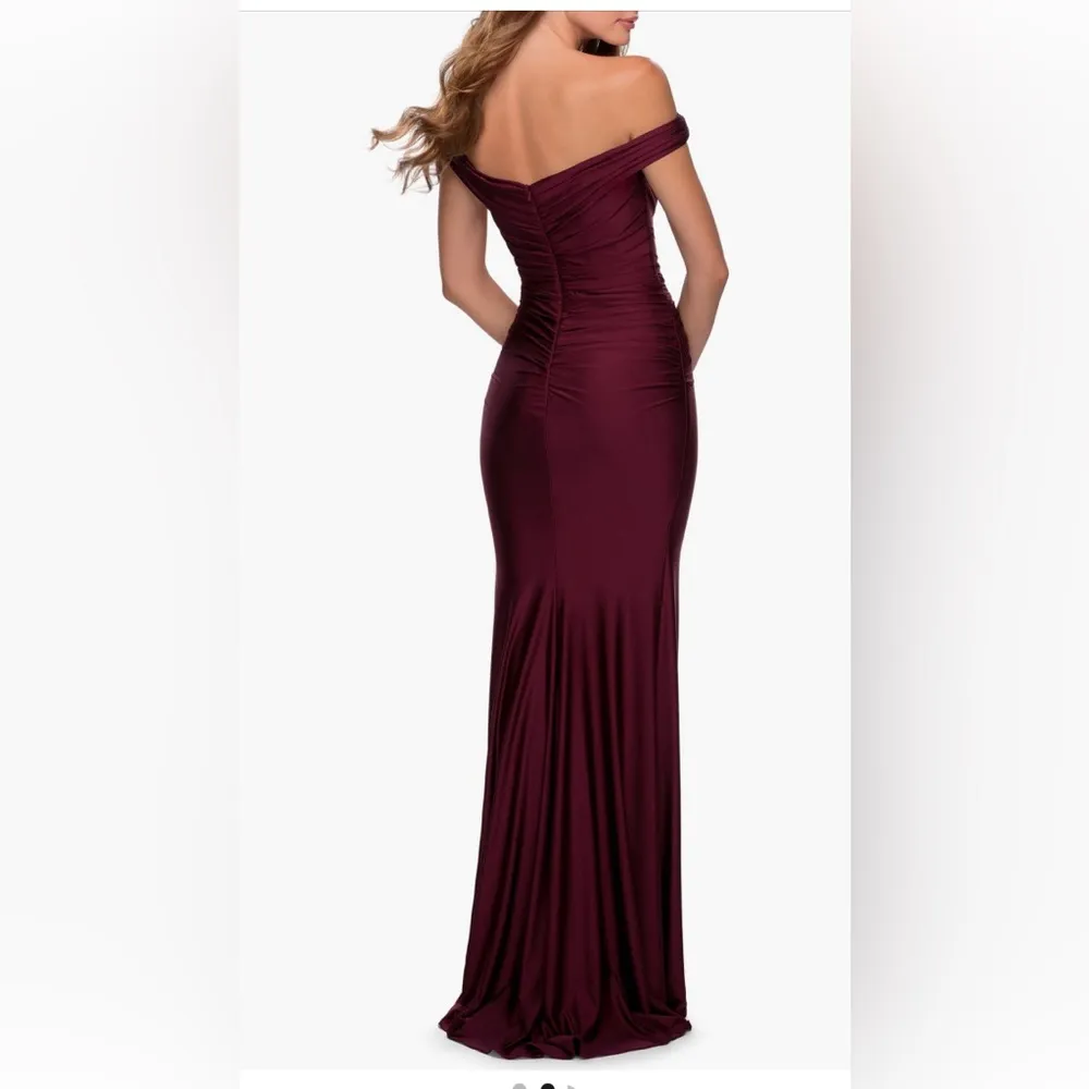 La Femme Off Shoulder Trumpet Gown, Wine color, Size 10, $328 - Image 2