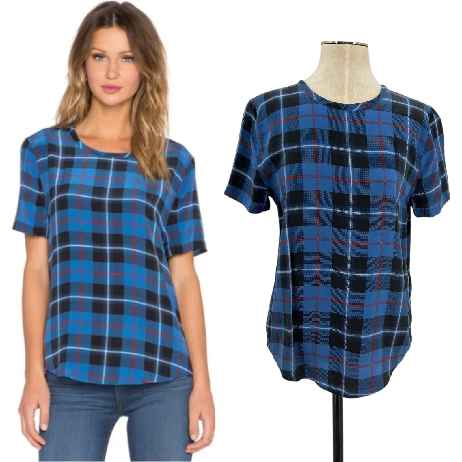 Equipment Riley Plaid Top Blouse Short Sleeve Check Plaid‎ Silk Blue Size XS - Image 2