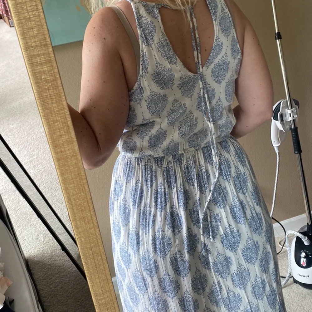 White and blue maxi summer dress floor length ruffled tier skirt crochet detail - Image 13