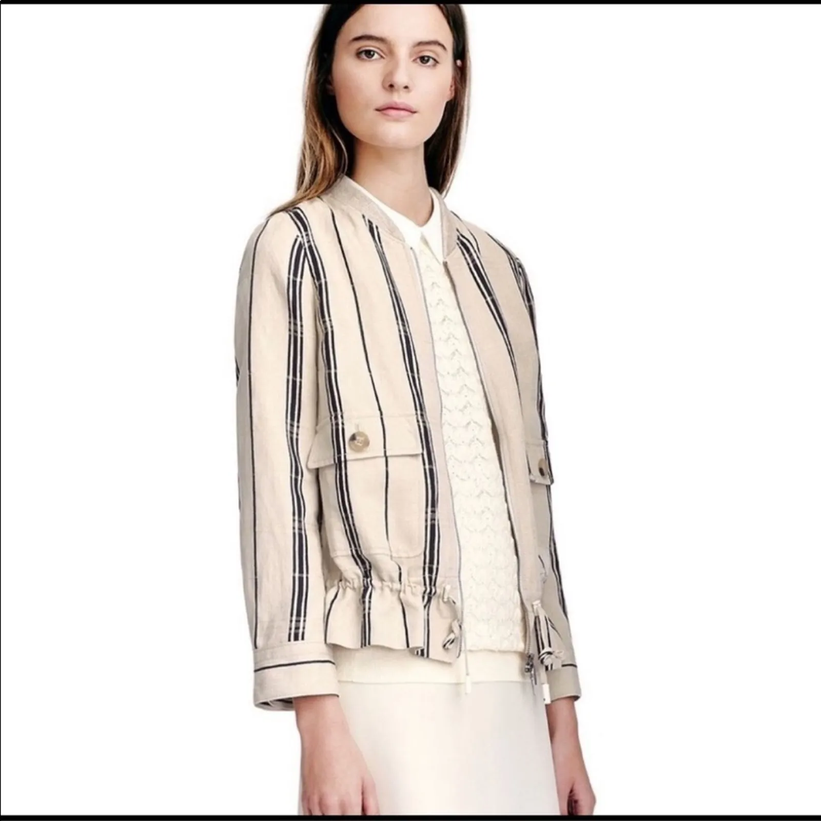 Tory Burch Debbie Striped Linen Zip Jacket Blazer Tan Size 8 - Image 9
