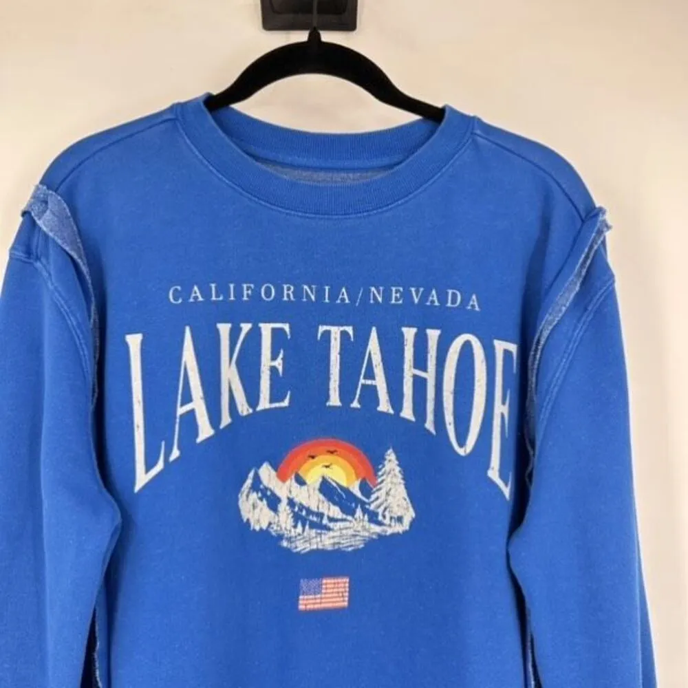 Goodie Two Sleeves Royal Blue Oversized Lake Tahoe Raw Seam Sweatshirt Medium - Image 4