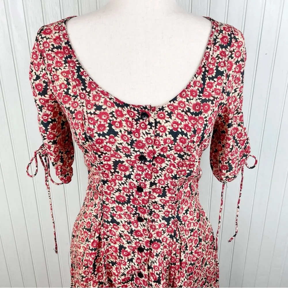 Free People Laced Up Mini Dress Black Red Ditsy Floral Print Women's Size Small - Image 6